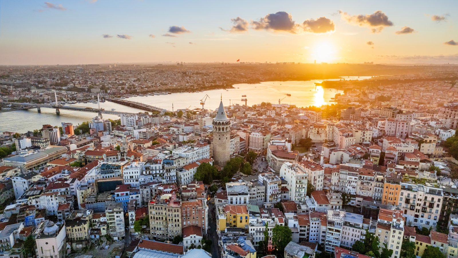 Aerial drone view of Istanbul at sunset